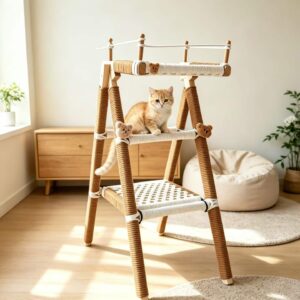 Woven Double Cat Perch Solid Wood Cat Tree Hand Knit Pet Rest Bed